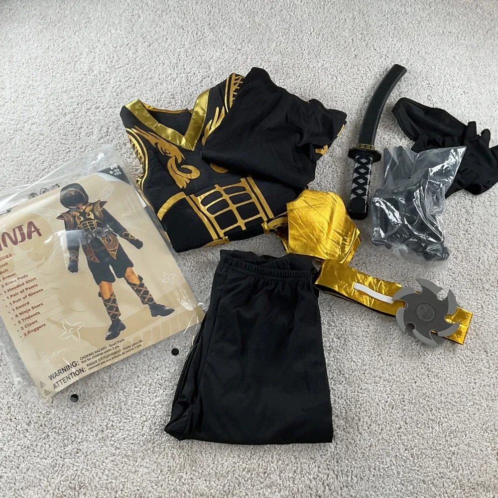 Joyin‎ Kids Ninja Warrior Costume Black Gold Dragon Set Medium 8-10 Years